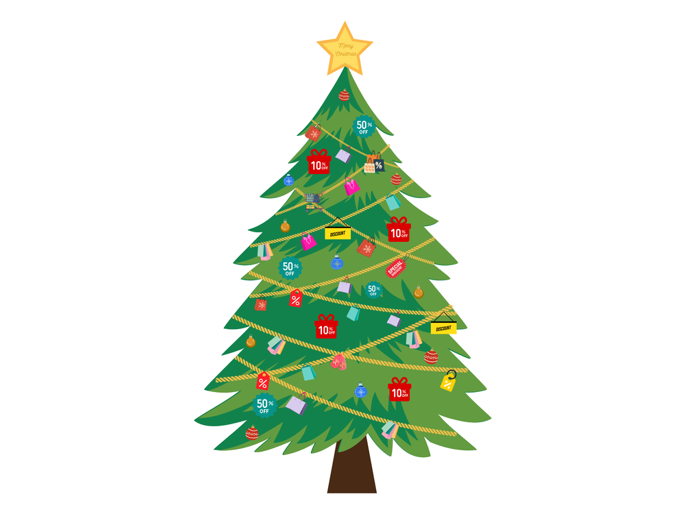 Art by Katia Fokam of a Christmas tree with shopping bags and discount sales signs as decoration
