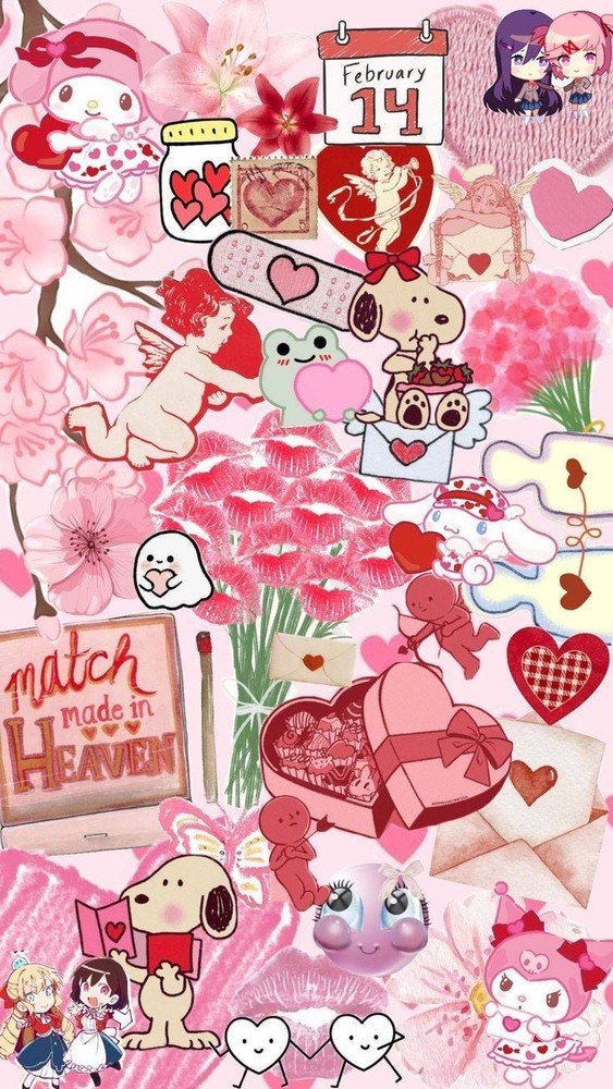 A valentine's day collage with hearts, flowers, chocolate, cupid and more.