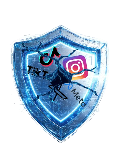 A cracked shield with social media logos falling through the crack