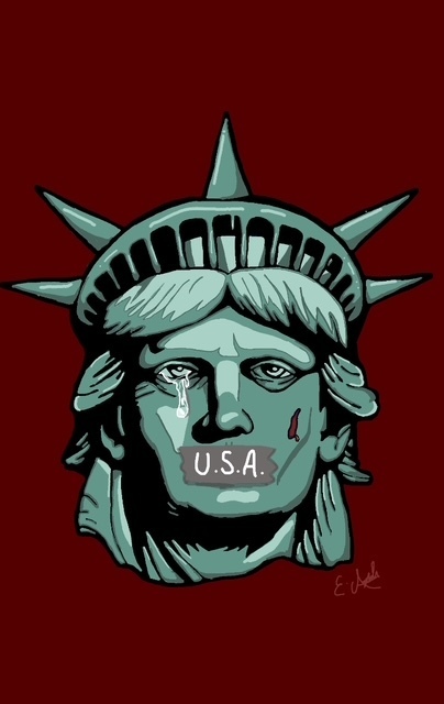 Art by Evelyn Ayala of the Statue of Liberty crying and tape over the mouth