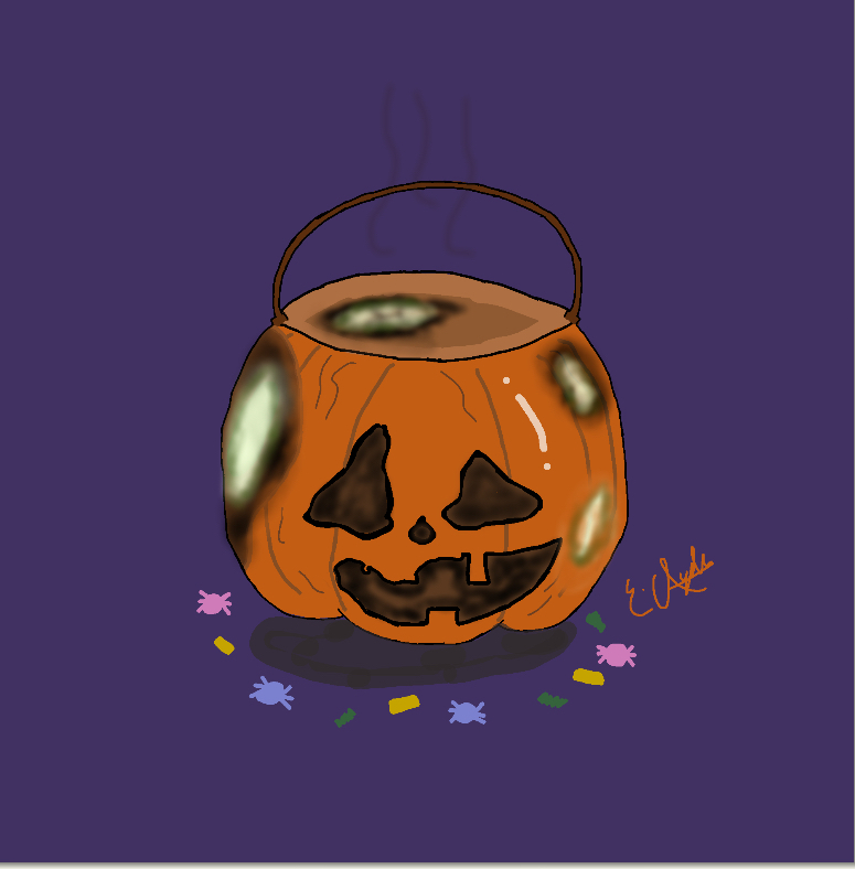 Decaying pumpkin trick or treat basket with candy around it