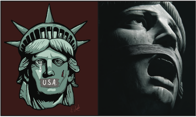 Two photos are shown side by side of the statue of liberty crying with U.S.A tape over it's mouth. One is hand drawn the other is created by A.I.