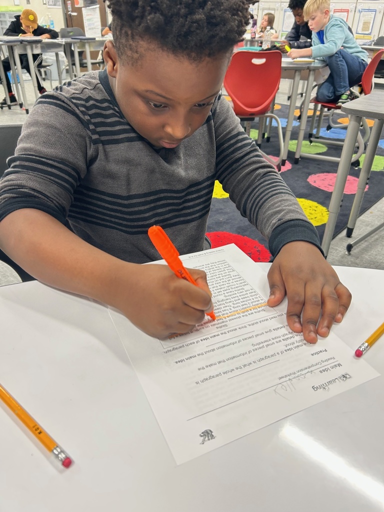 Students determining the main idea and highlighting text evidence.