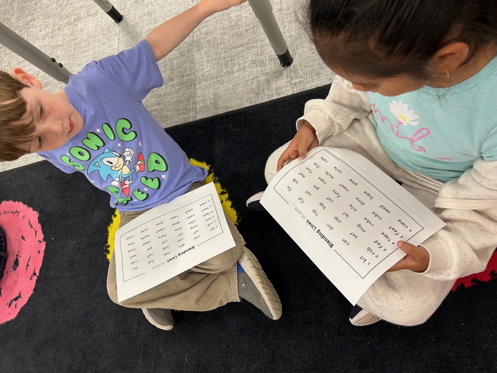 Students reading CVC and VCe words with a partner.
