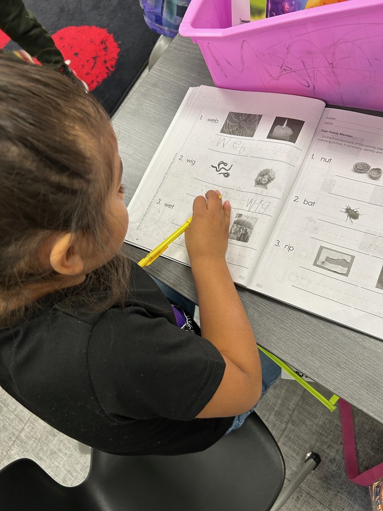 Kindergarten student matching CVC words to pictures.