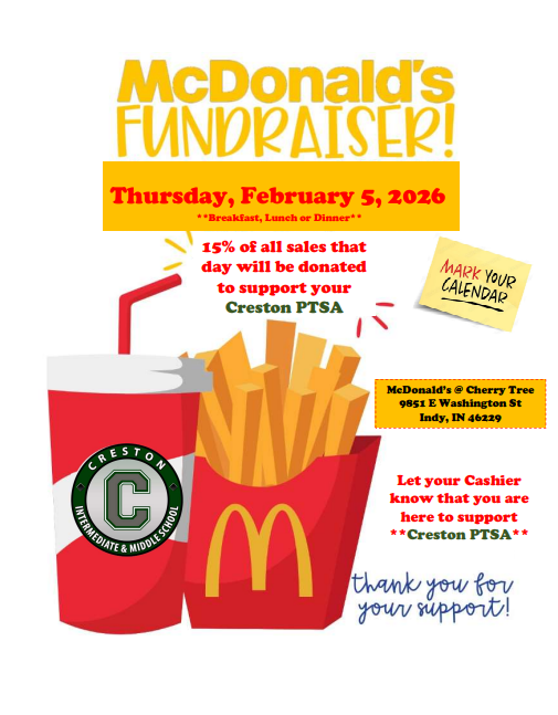 Come support our school at the Cherry Tree McDonalds at 9851  East Washington St. 