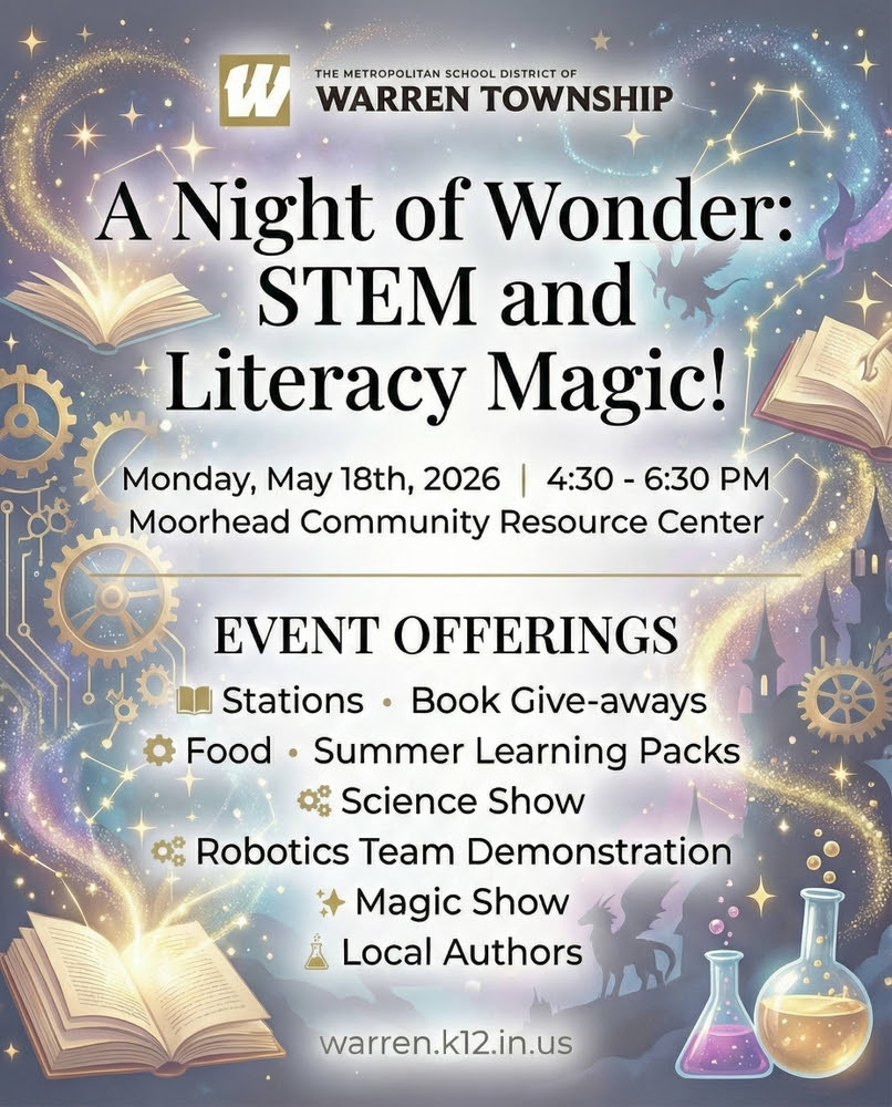 ✨ Get ready for A Night of Wonder: STEM & Literacy Magic! Join us Monday, May 18 from 4:30–6:30 PM at the Moorhead Community Resource Center for FREE pizza, hands-on STEM activities, robotics, live shows, local authors, books, giveaways, and family fun! 📚🔬 #WarrenWill