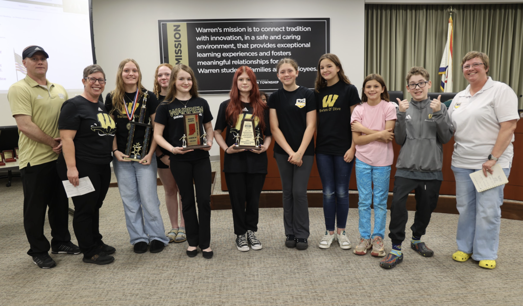 What an amazing season for Warren Central Aquatics! Thank you to our student-athletes and coaches for sharing a program update at tonight’s board meeting and for representing Warren Township with pride all year long! 🖤💛 #WarrenWill