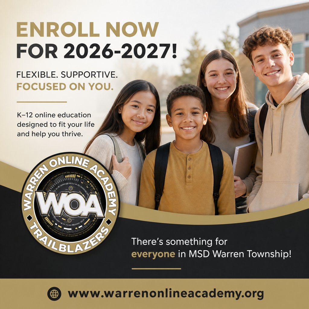 Warren Online Academy Flyer with 4 students