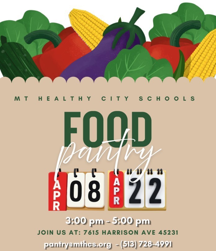 Flyer for food pantry that is open today, April 22 from 3pm to 5pm
