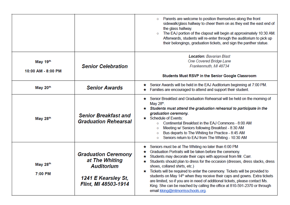 Chart with all of the upcoming events for the class of 2026 leading up to graduation.