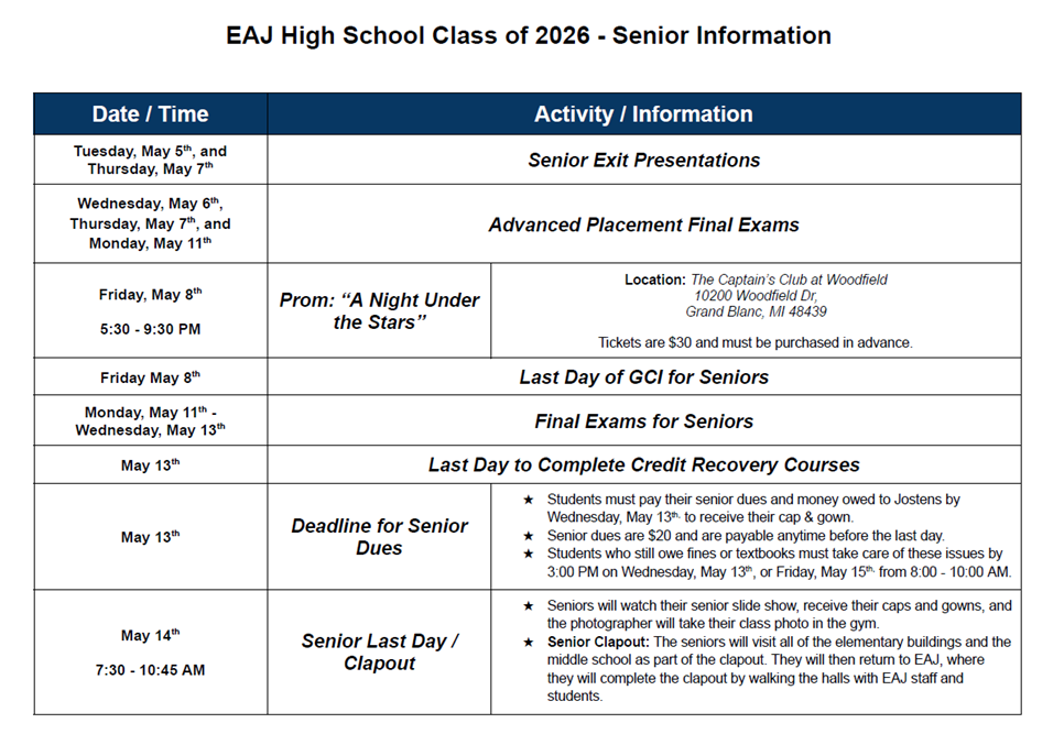 Chart with all of the upcoming events for the class of 2026 leading up to graduation.