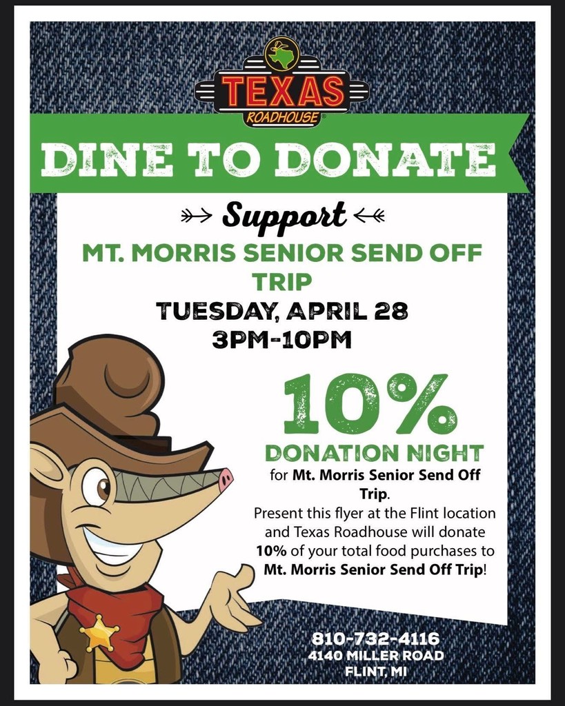 Flyer for the Senior Sendoff Fundraiser on Tuesday April 28th from 3 - 10 PM at Texas Roadhouse on Miller Rd. in Flint. All meals purchased during the fundraiser will have 10% donated to the Senior Sendoff. The flyer has a caricature dressed in wester attire along with a denim background and the informational text.