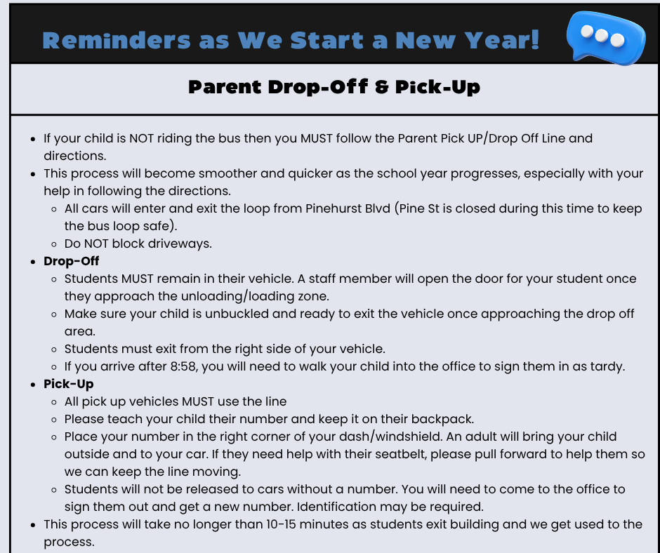Parent drop-off and pick-up reminders for Pinehurst Early Elementary. All non-bus students must use the designated parent line, entering and exiting from Pinehurst Boulevard. During drop-off, students remain in vehicles until staff assist them and must exit from the right side. Students arriving after 8:58 must be signed in at the office. For pick-up, families must display their assigned number and students will only be released to vehicles displaying that number. Families are asked to follow the established traffic pattern and not block driveways.