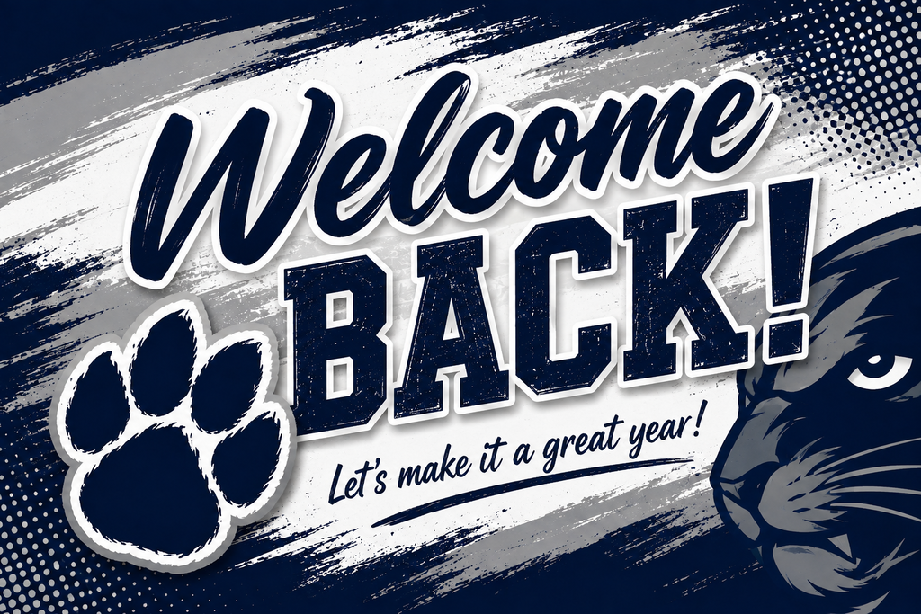 Welcome back image in navy blue, white and gray with a panther head and a panther paw.