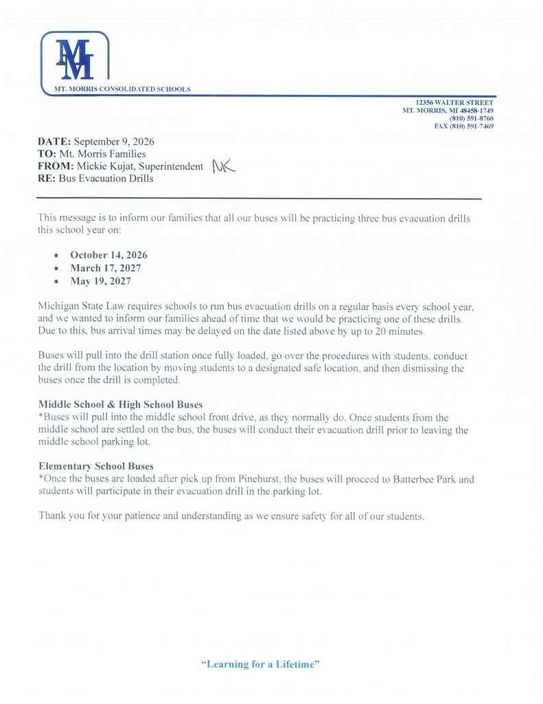 Bus Evacuation Drill Memo- text in body