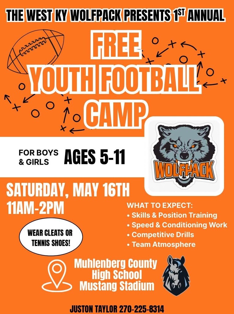Free Youth Football Camp Flyer - Ages 5-11, May 16, 11-2 at Mustang Stadium