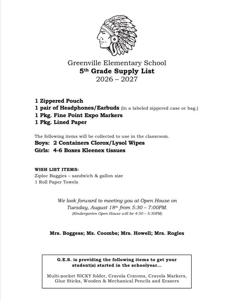 GES 5th Grade Supply List
