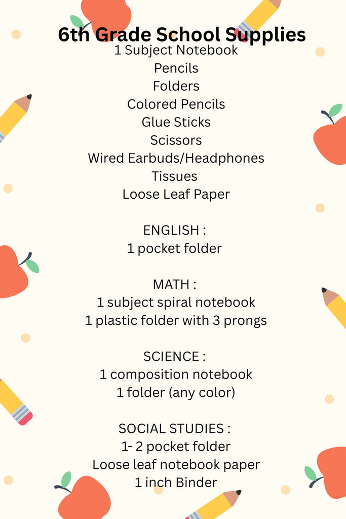 6th Grade Supply List