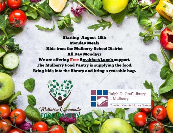 Flyer announcing free Monday Meals starting August 18 for Mulberry School District kids. Provided by Mulberry Food Pantry at Ralph D. Graf Library. Families should bring a reusable bag. Background features fresh produce.