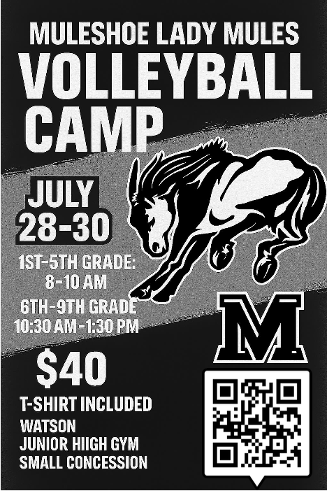 Registration is now open for Lady Mules Volleyball camp! Come join us to learn about this new addition to our athletics program! July 28th-30th. Incoming 1st-9th graders. Contact Coach Blevins with any questions at ablevins@muleshoeisd.net