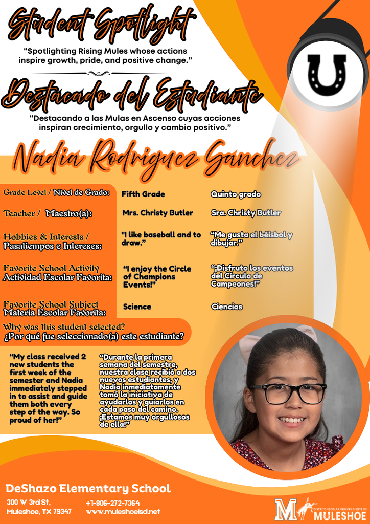 26.02.03 - DeShazo Student Spotlight - Nadia Rodriguez Sanchez - Fifth Grade