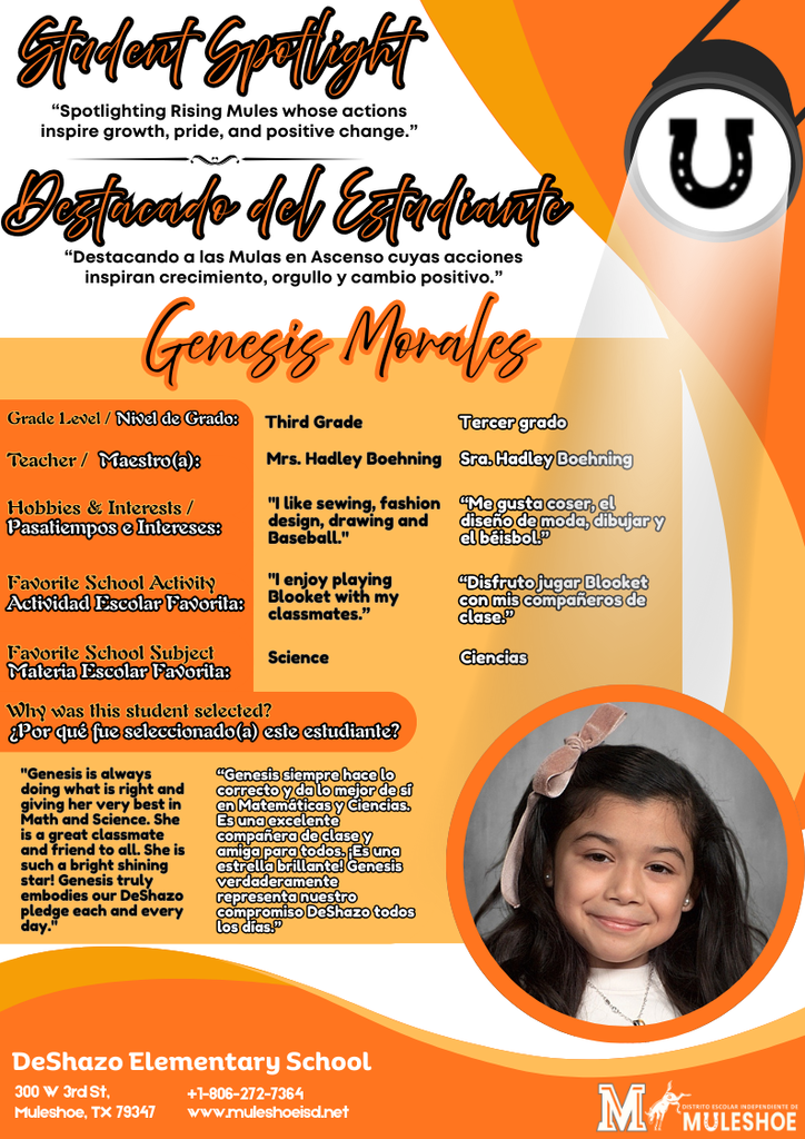 26.02.03 - DeShazo Student Spotlight - Genesis Morales - Third Grade