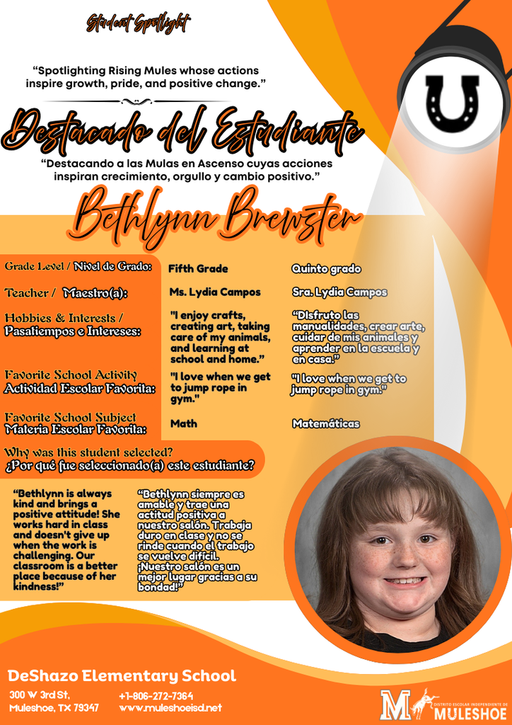 26.02.10 - DeShazo Student Spotlight - Bethlynn Brewster - Fifth Grade