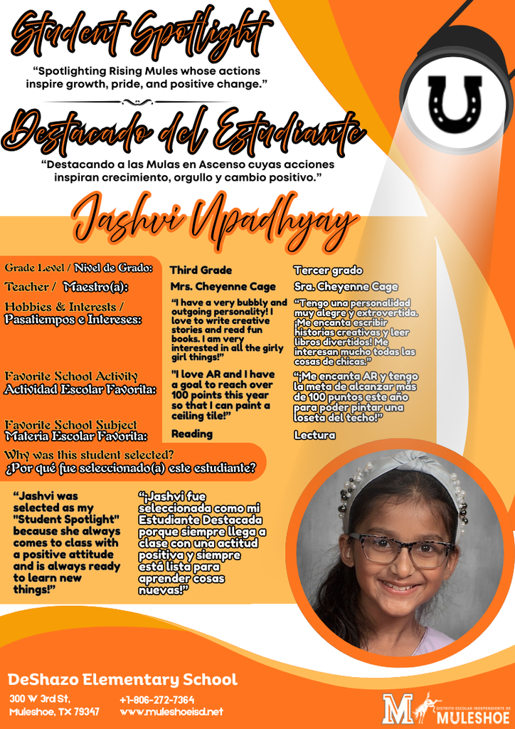 26.02.10 - DeShazo Student Spotlight - Jashvi Upadhyay - Third Grade