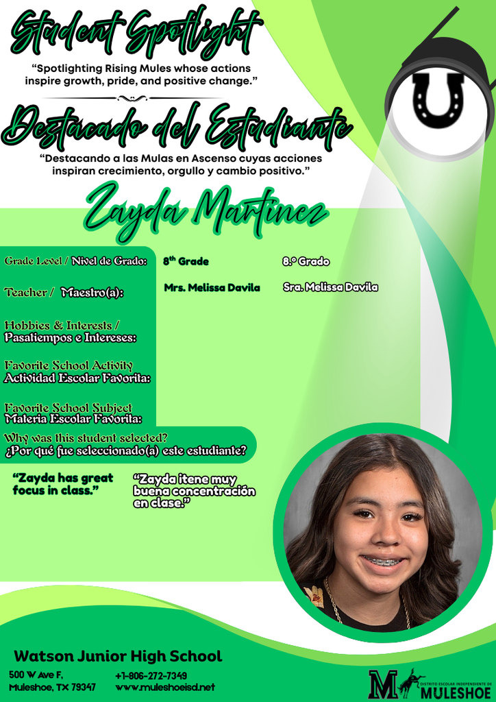 26.02.11 - WJHS Student Spotlight - Zayda Martinez - 8th Grade
