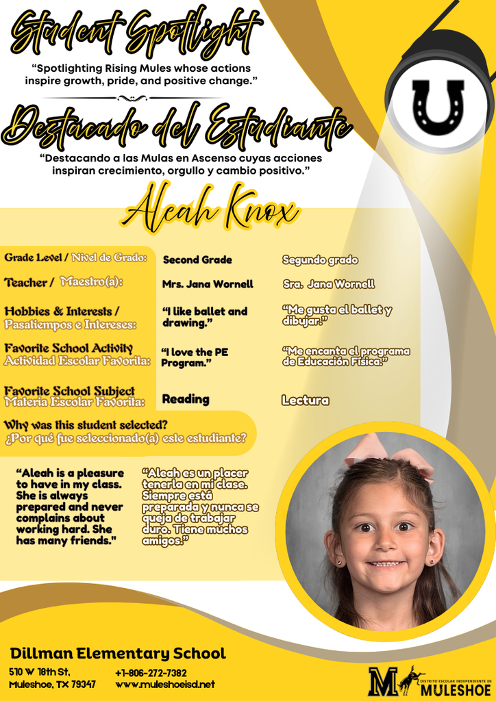 26.02.23 - Dillman Student Spotlight - Aleah Knox - 2nd Gr.