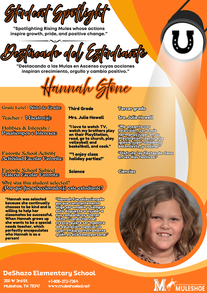 26.02.24 - DeShazo Student Spotlight - Hannah Stone - 3rd Grade