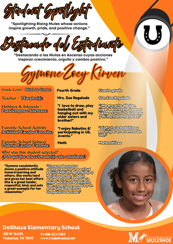 26.02.24 - DeShazo Student Spotlight - Symone Zoey Kirven - 4th Grade