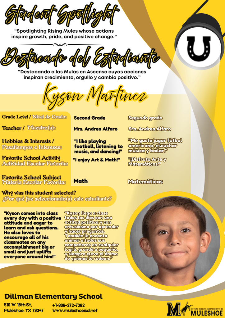 26.03.09 - Dillman Student Spotlight - Kyson Martinez - 2nd Grade
