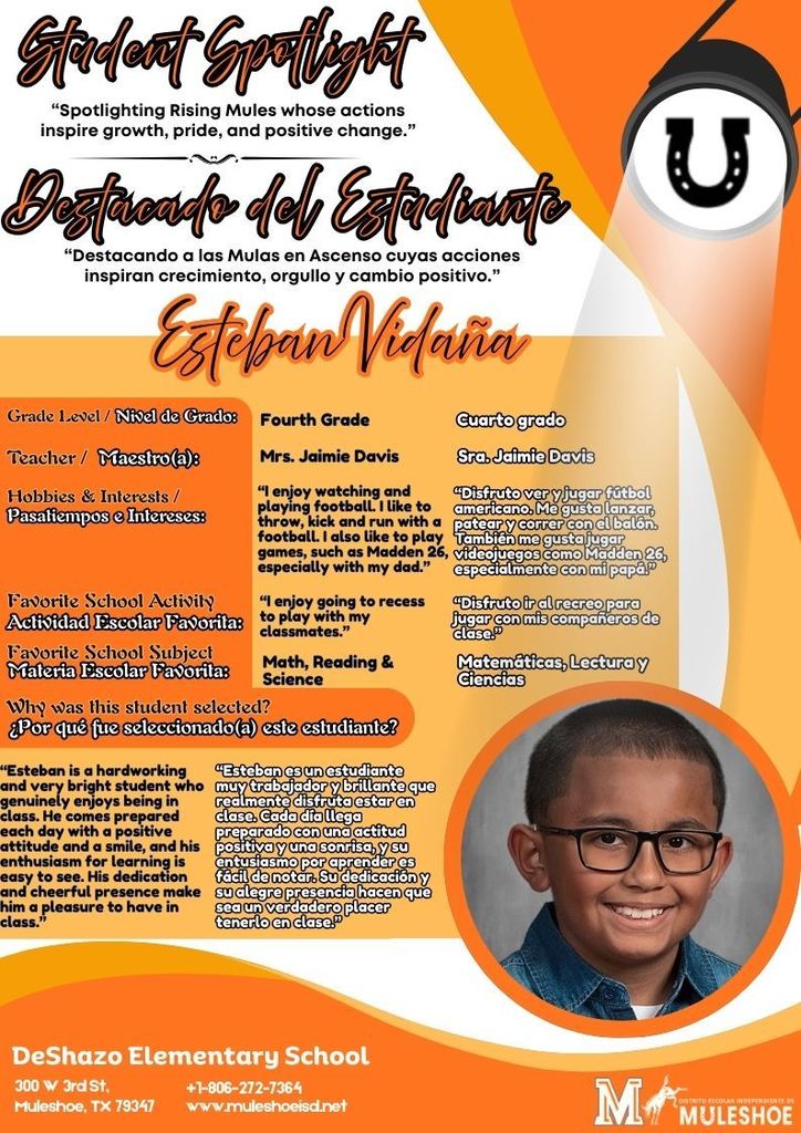 26.03.03 - DeShazo Spotlight -  Esteban Vidaña - Fourth Grade