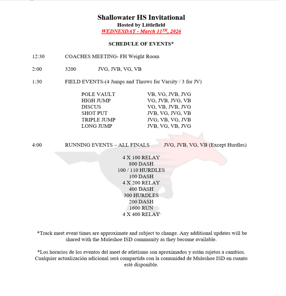 26.03.10 - MISD - Track Meet Schedule of Events - High School Updated - EVENT SCHEDULE