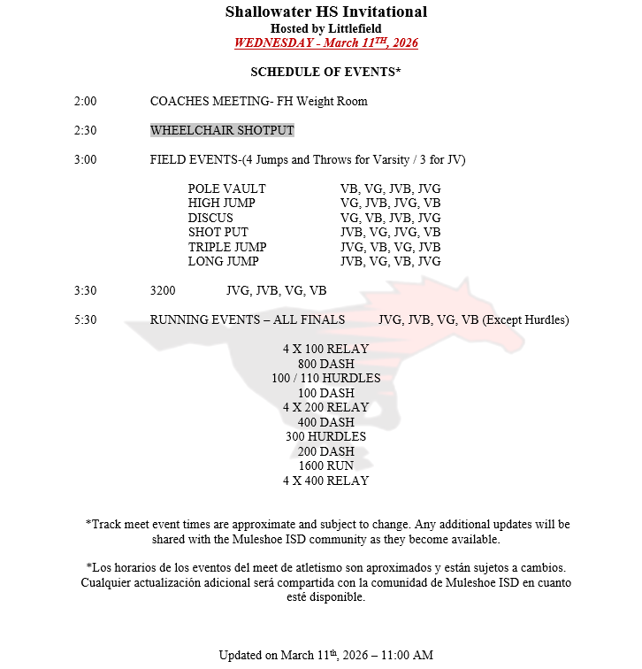 26.03.11 - MISD - Track Meet Schedule of Events - High School Updated - Weather Delay - Schedule