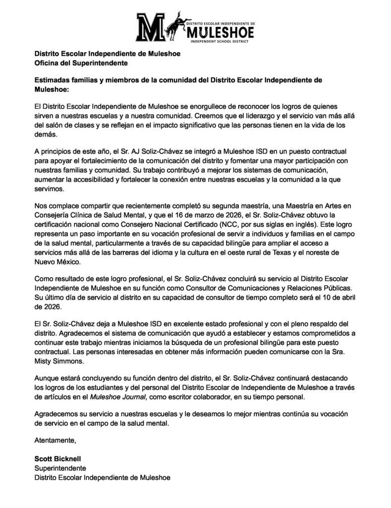 26.03.30 - MISD Community Letter - Soliz-Chavez, AJ - SPANISH