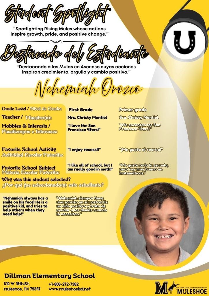 26.03.23 - Dillman Student Spotlight - Nehemiah Orozco - 1st Gr