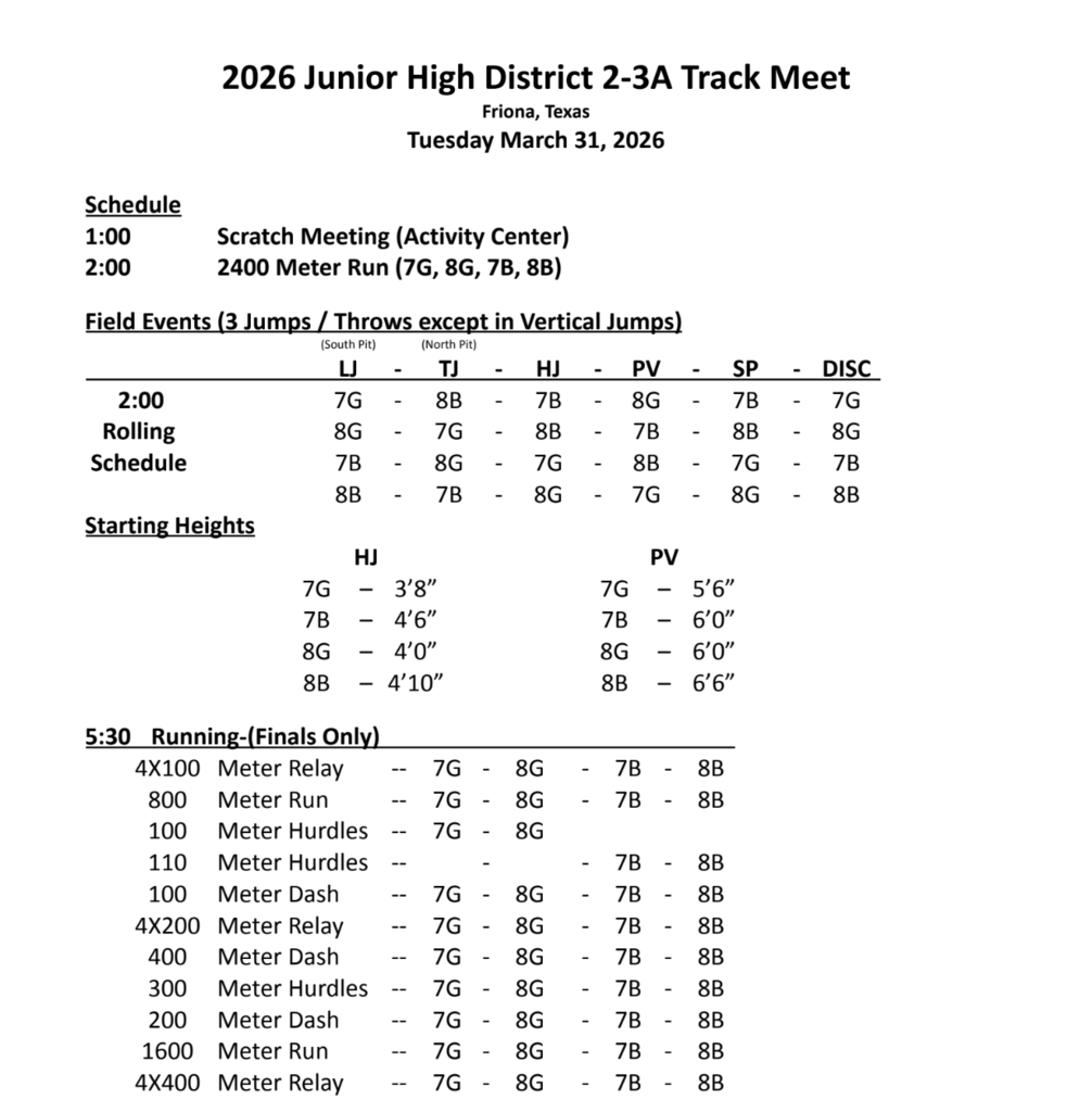 26.03.31 - WJHS - District Track Meet - Schedule