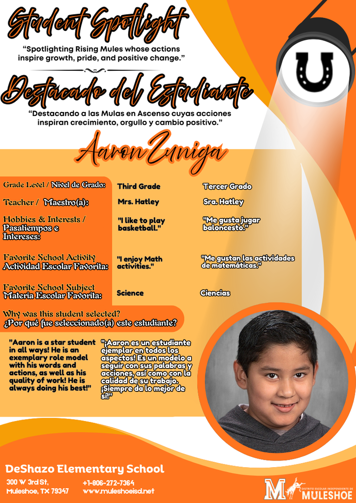 26.04.07 - DeShazo - Student Spotlight - Bilingual - Aaron Zuniga - Third Grade