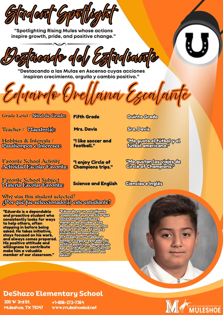 26.04.07 - DeShazo - Student Spotlight - Bilingual - Eduardo Orellana Escalante - Fifth Grade