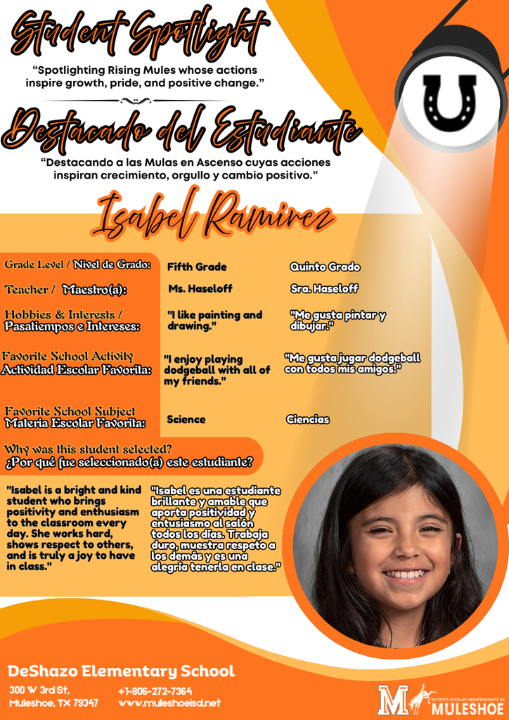 26.04.14 - DeShazo - Student Spotlight - Bilingual - Isabel Ramirez - Fifth Grade