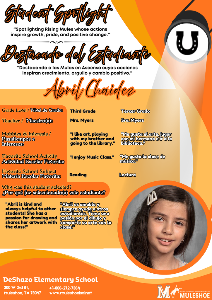 26.04.21 - DeShazo - Student Spotlight - Bilingual - Abril Chaidez - Third Grade