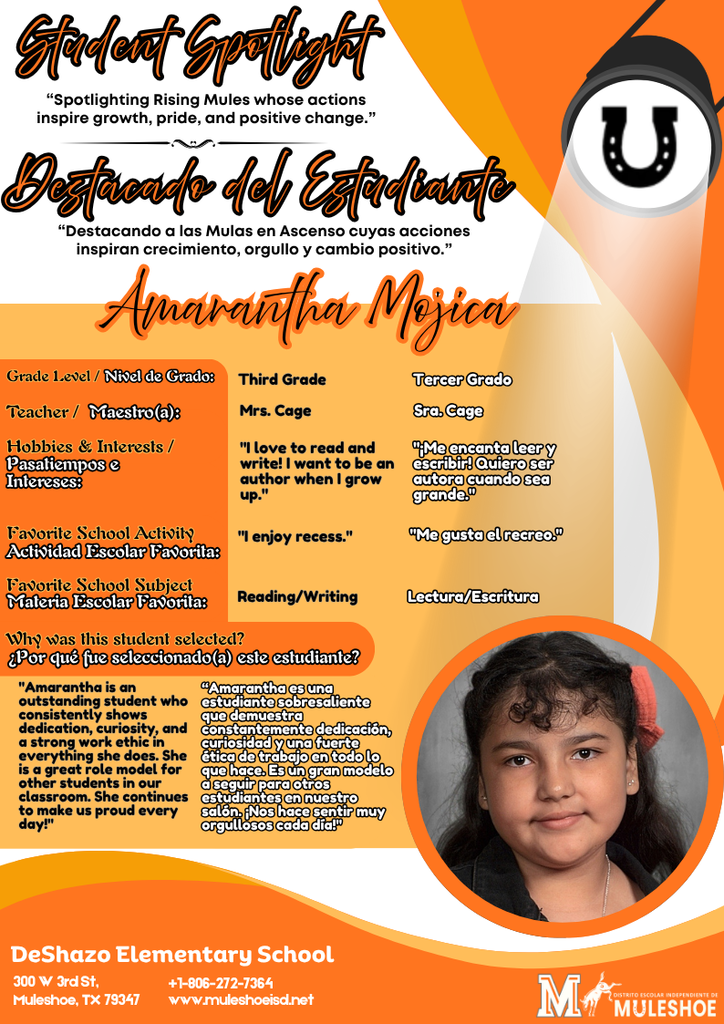 26.05.12 - DeShazo - Student Spotlight - Bilingual - Amarantha Mojica - Third Grade