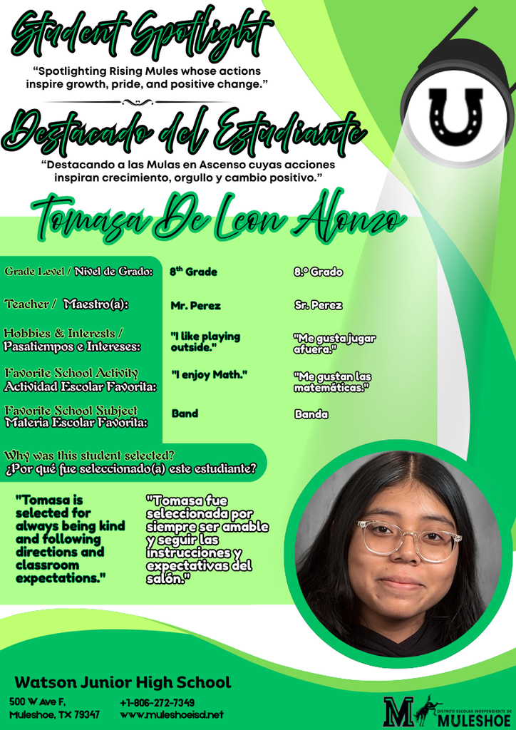 26.04.08 - Watson Junior High - Student Spotlight - Bilingual - Tomasa De Leon Alonzo - 8th Grade