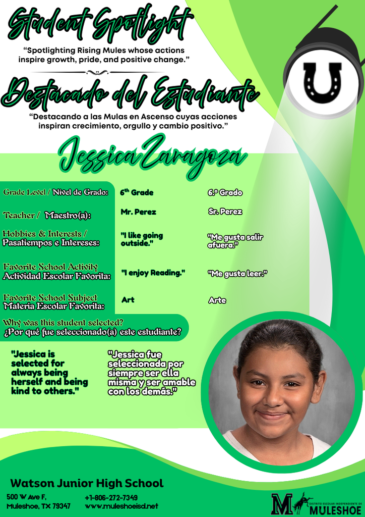 26.04.08 - Watson Junior High - Student Spotlight - Bilingual - Jessica Zaragoza - 6th Grade