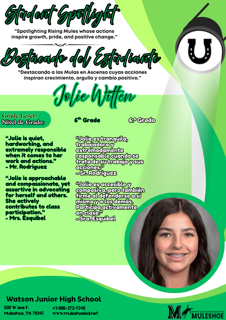 26.05.13 - Watson Junior High - Student Spotlight - Bilingual - Jolie Witten - 6th Grade