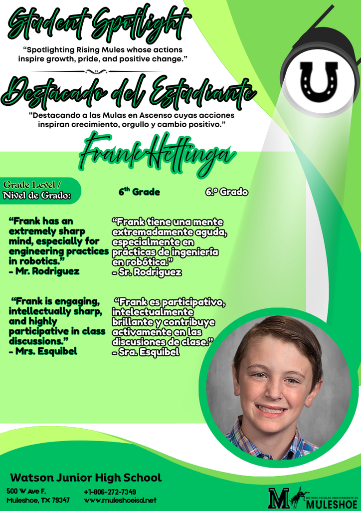 26.04.29 - Watson Junior High - Student Spotlight - Bilingual - Frank Hettinga - 6th Grade