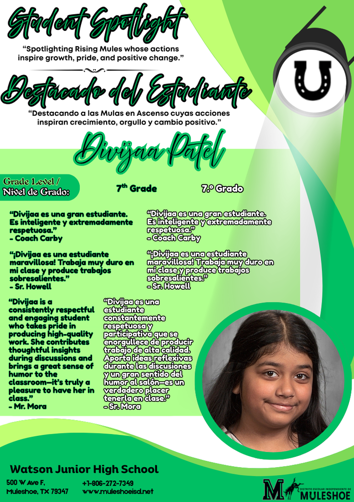26.04.29 - Watson Junior High - Student Spotlight - Bilingual - Divijaa Patel - 7th Grade